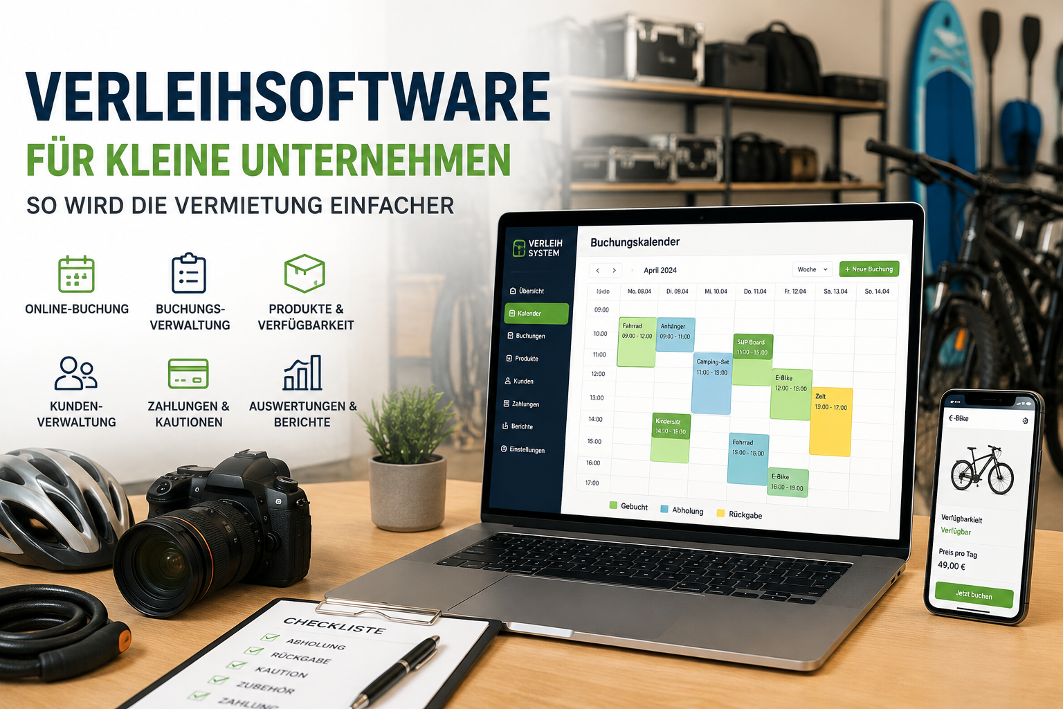 Verleihsoftware für kleine Unternehmen: Laptop mit Buchungskalender, Kamera-Equipment und Fahrrad im Verleihbetrieb