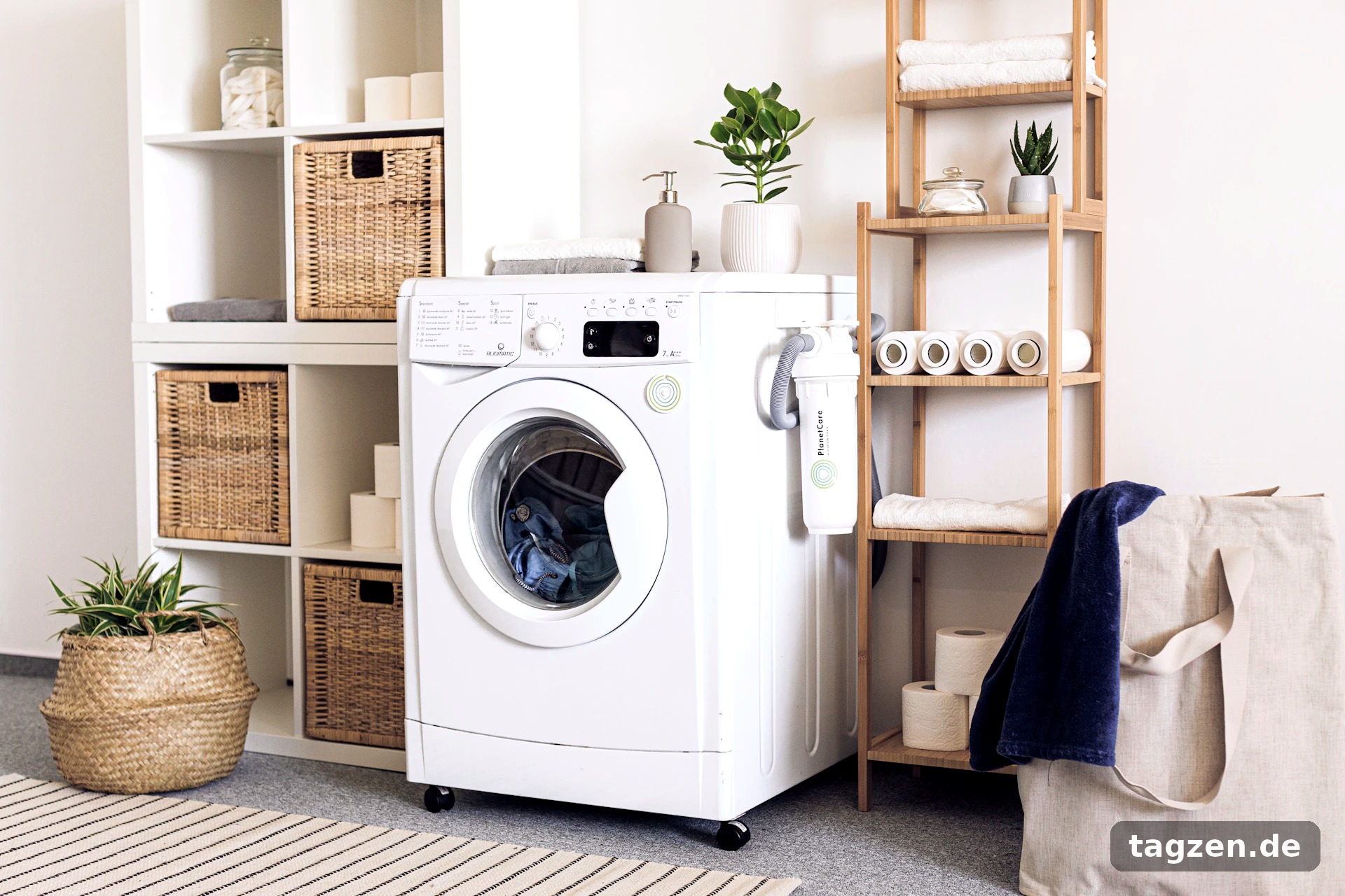 Waschmaschine mit frischer Wäsche im hellen Waschraum – Tipps gegen muffig riechende Wäsche