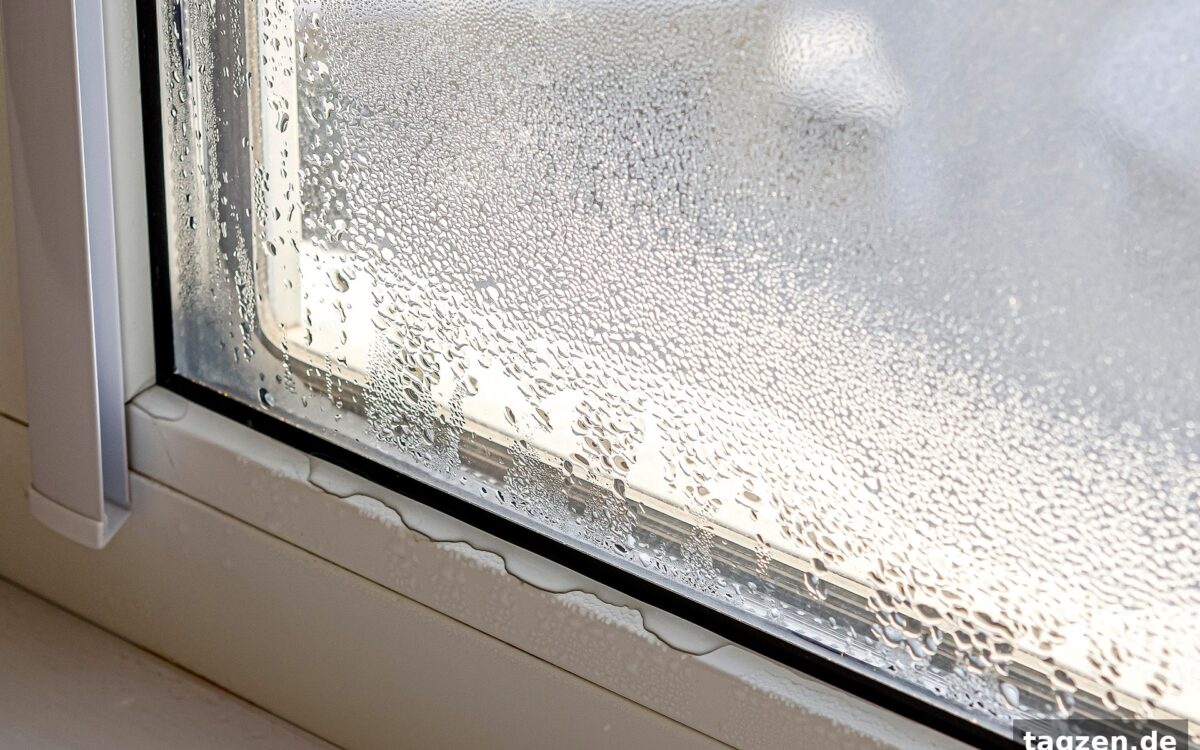 Fenster beschlagen innen – Kondenswasser auf einer Fensterscheibe im Winter