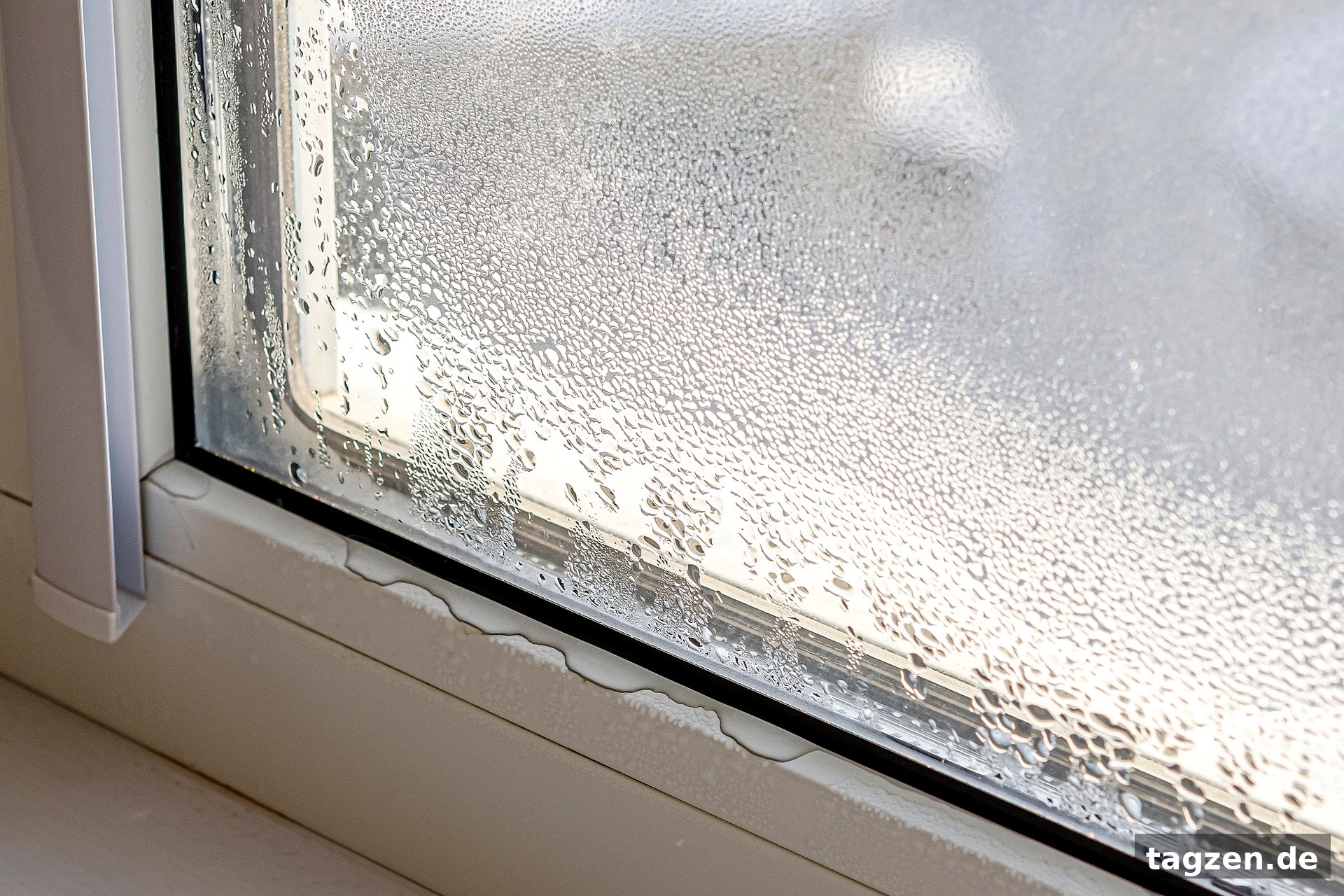 Fenster beschlagen innen – Kondenswasser auf einer Fensterscheibe im Winter