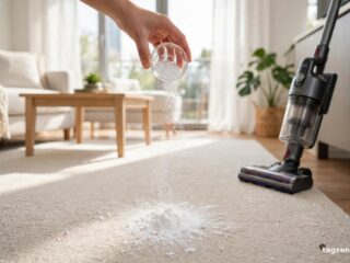 Teppich stinkt – Natron wird zur Geruchsbeseitigung auf den Teppich gestreut